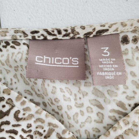 Chicos Womens Animal Print Zip Front Top Size 3 US XL V Neck 3/4 Sleeve Roll Tab - Picture 3 of 9